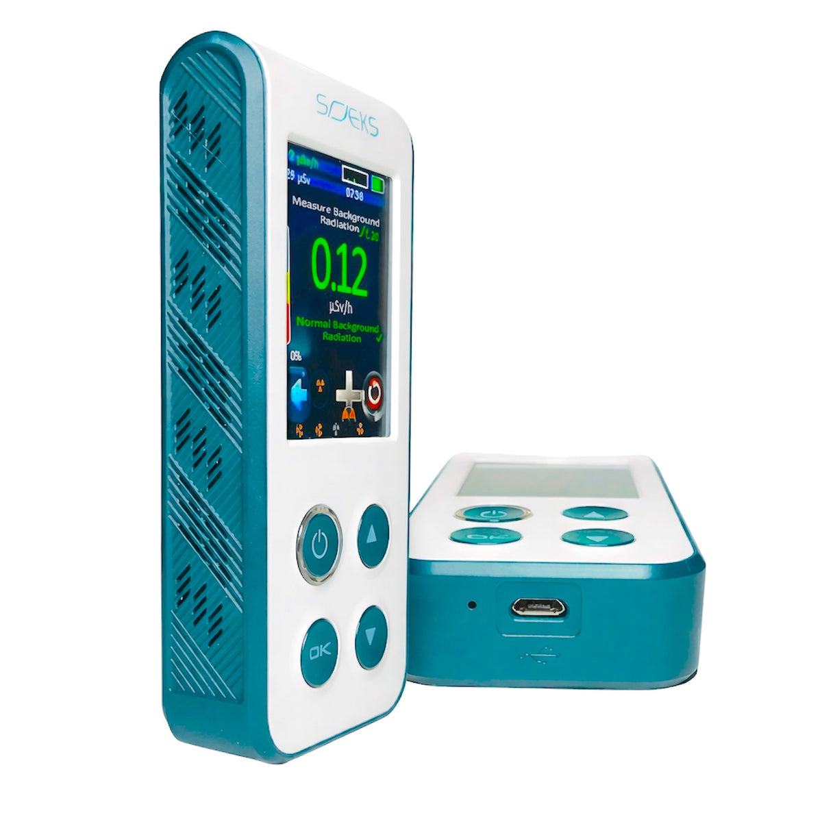 SOEKS 01M NEO radiation dosimeter, left angle with micro USB port