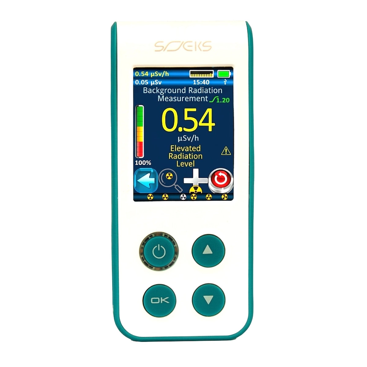 SOEKS 01M NEO dosimeter display showing elevated radiation level