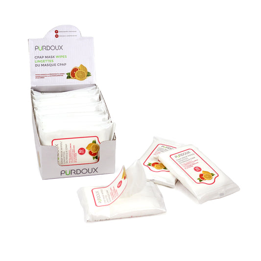 PURDOUX CPAP Grapefruit and Lemon Scented Wipes in open Travel Box