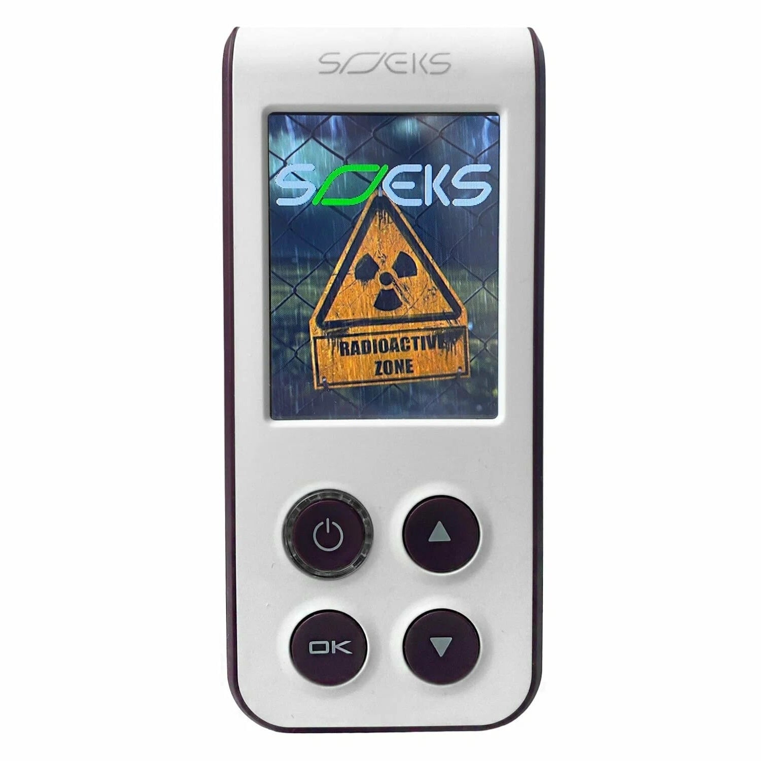 SOEKS 02M DUO Professional Radiation Detector with a screen displaying a radioactive zone warning sign on a white background