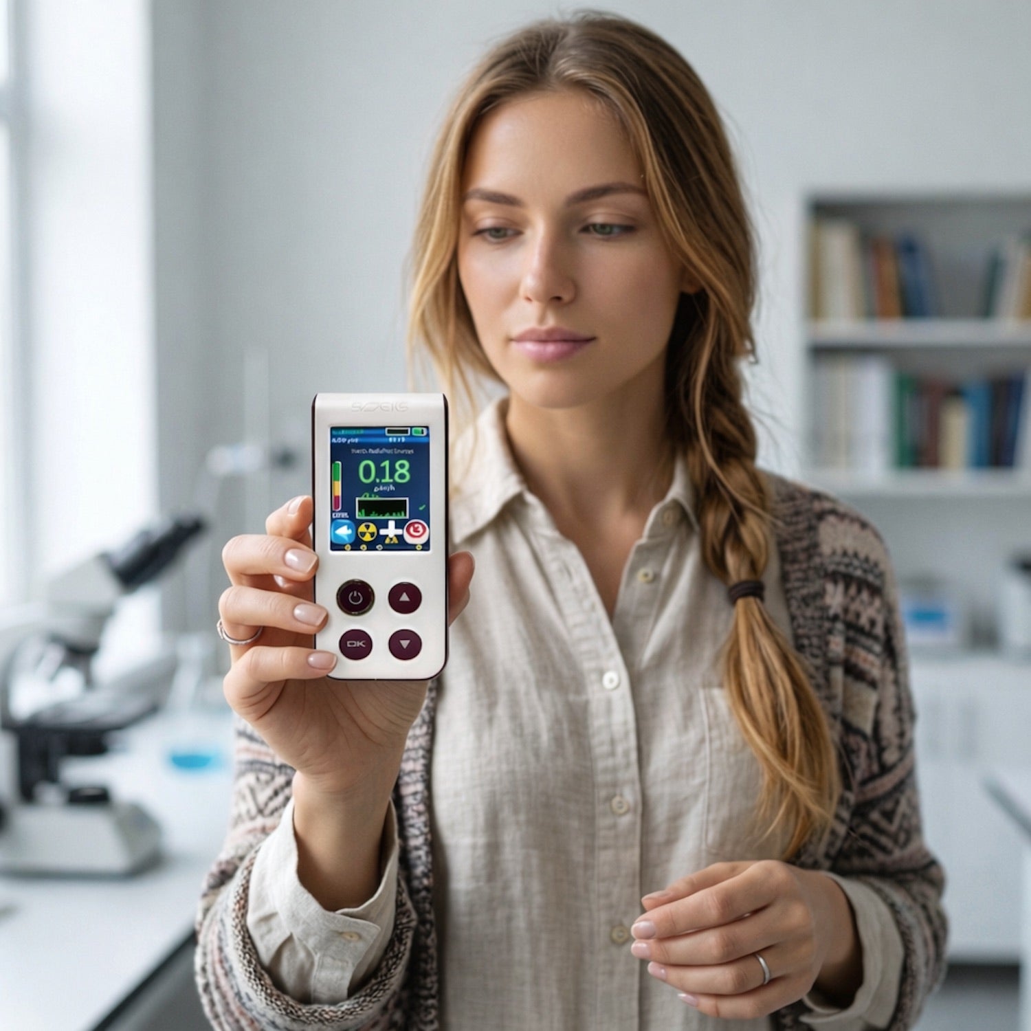 SOEKS 02M DUO Professional Radiation Detector - girl in the laboratory holding Dosimeter 02M DUO in her hand